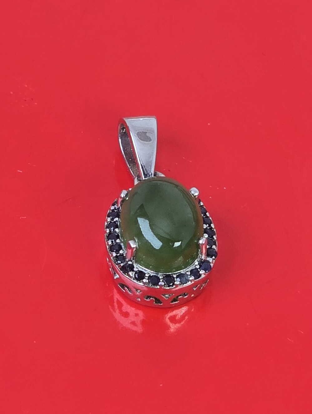 925 Sterling Silver Pendant 8x11mm with Natural Jade & Blue Sapphire Gems